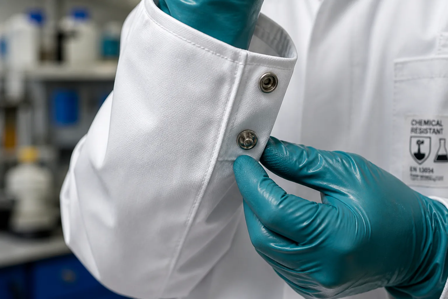 Close-up of the cuff and snap buttons of a chemical-resistant lab coat, showing durable fabric texture and a gloved hand adjusting a sleeve, laboratory background blurred, industrial photography style.