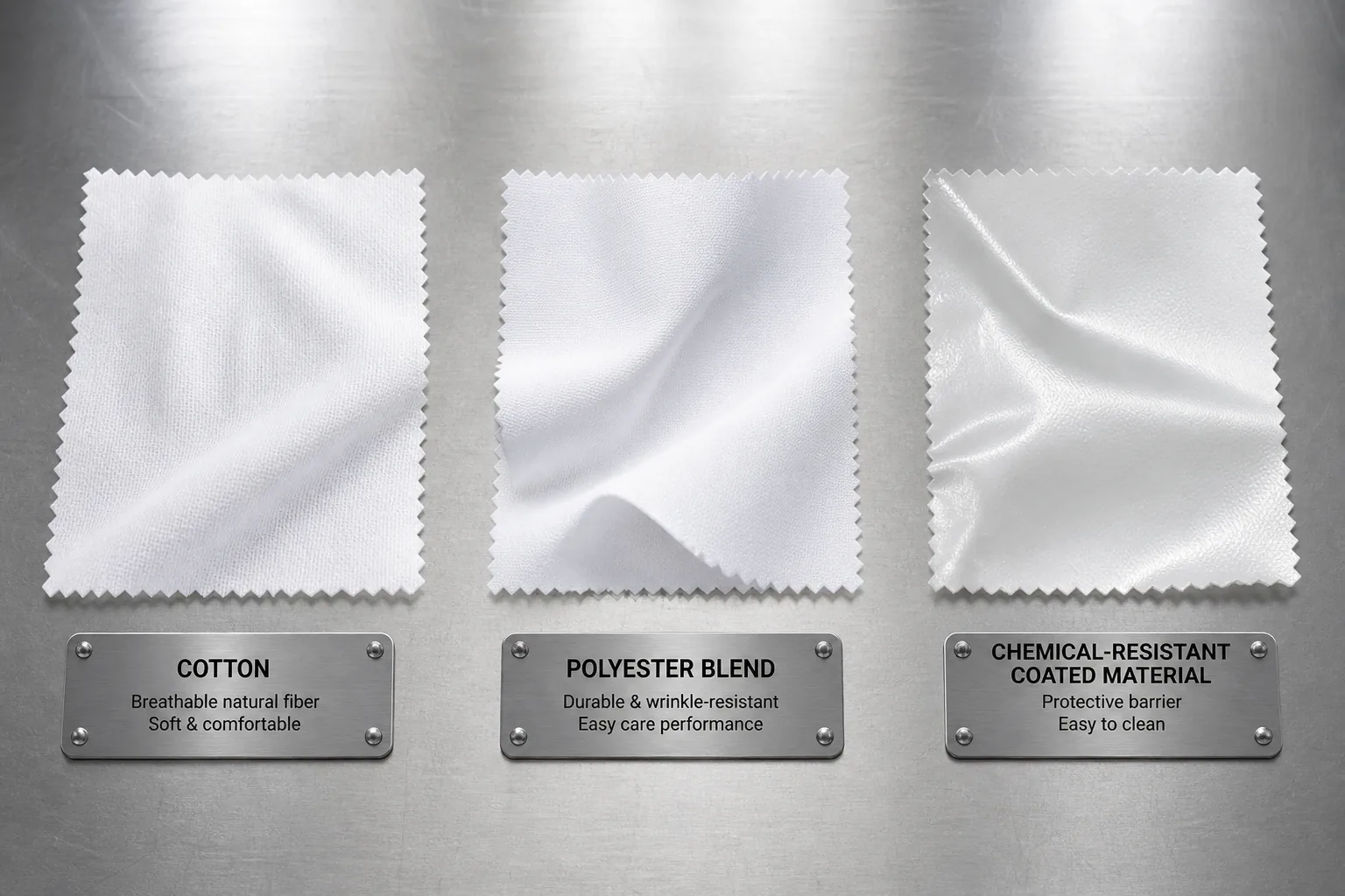 Side-by-side comparison of three lab coat fabric swatches labeled on a metal table, showing cotton, polyester blend, and chemical-resistant coated material, precise lighting, commercial product photography.