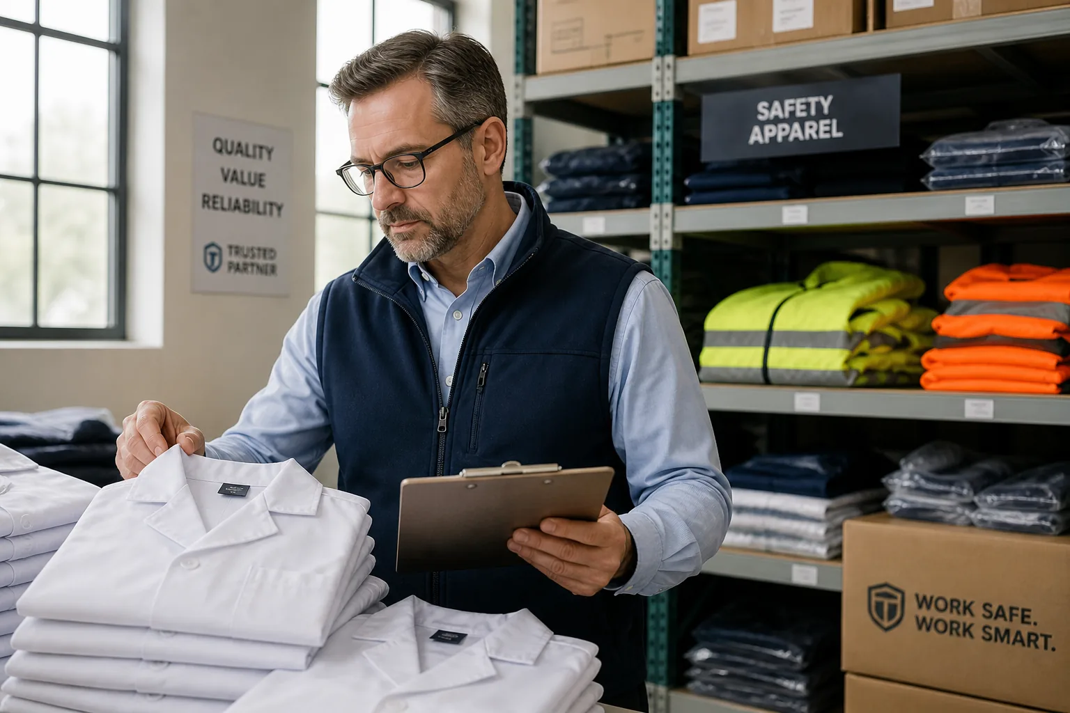 Purchasing manager inspecting folded lab coats in a storage warehouse, holding a clipboard, with shelves of safety apparel in the background, industrial B2B setting, natural window light.