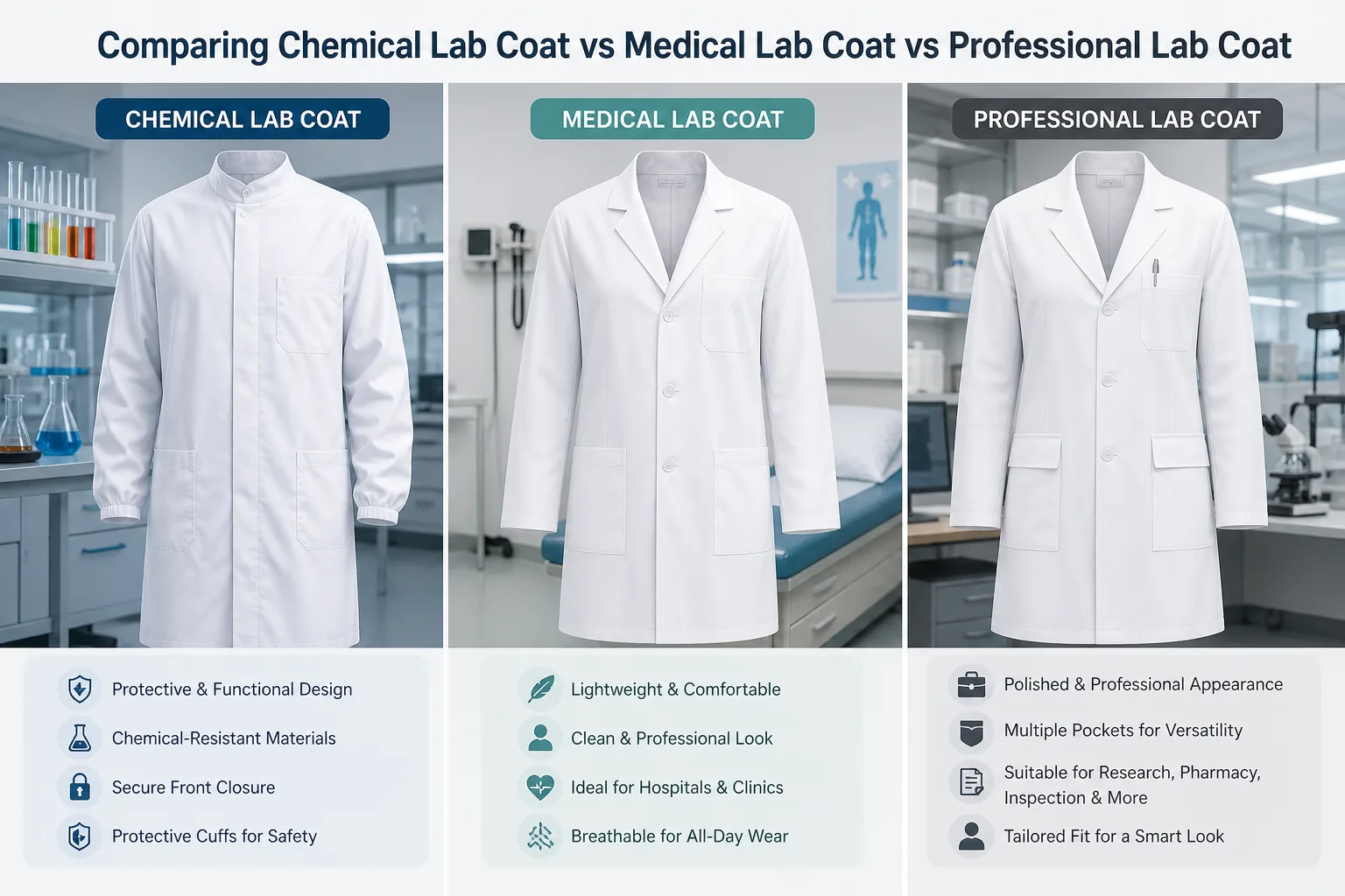 Comparing Chemical Lab Coat vs Medical Lab Coat vs Professional Lab Coat